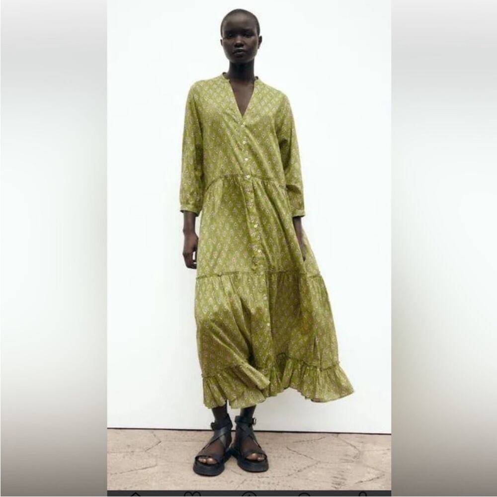 ZARA Dress Long Kaftan Panelled‎ Printed Oversize Maxi S Green Ecru